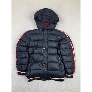 Diesel Puffer Jacket Boys 16 Black Hooded Down Striped Sleeves Zip Pockets Warm